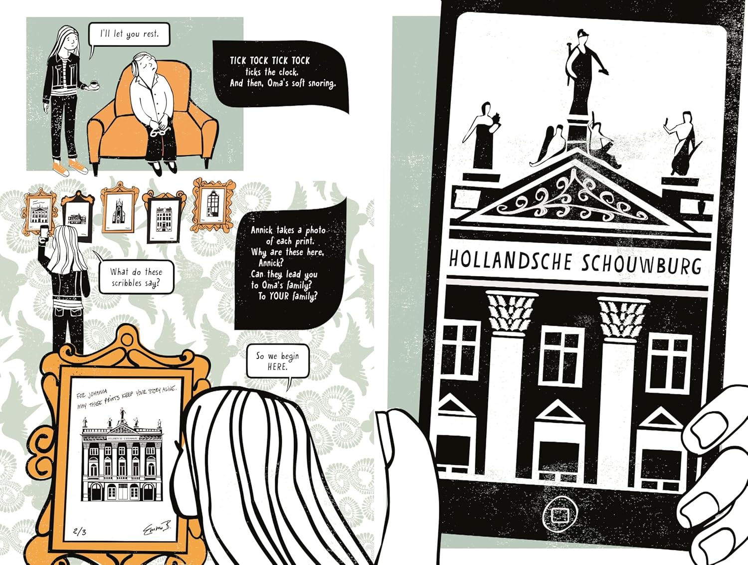 This is a page from the graphic novel Song of a Blackbird showing a vintage print of the Hollandse Schouwburg theater, deportation site, and memorial site in Amsterdam, Netherlands.